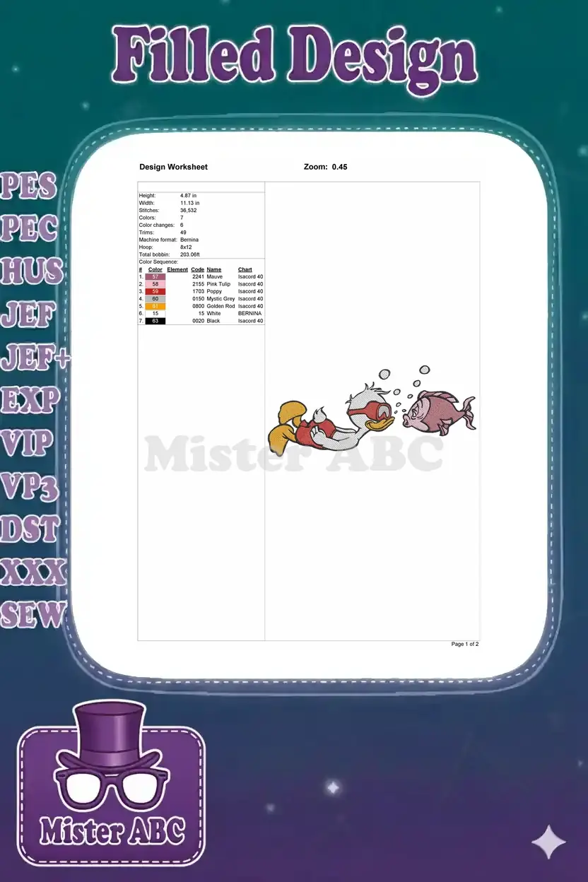 Design worksheet for the Scrooge McDuck embroidery, showing dimensions, stitch count, color sequence, and machine info.