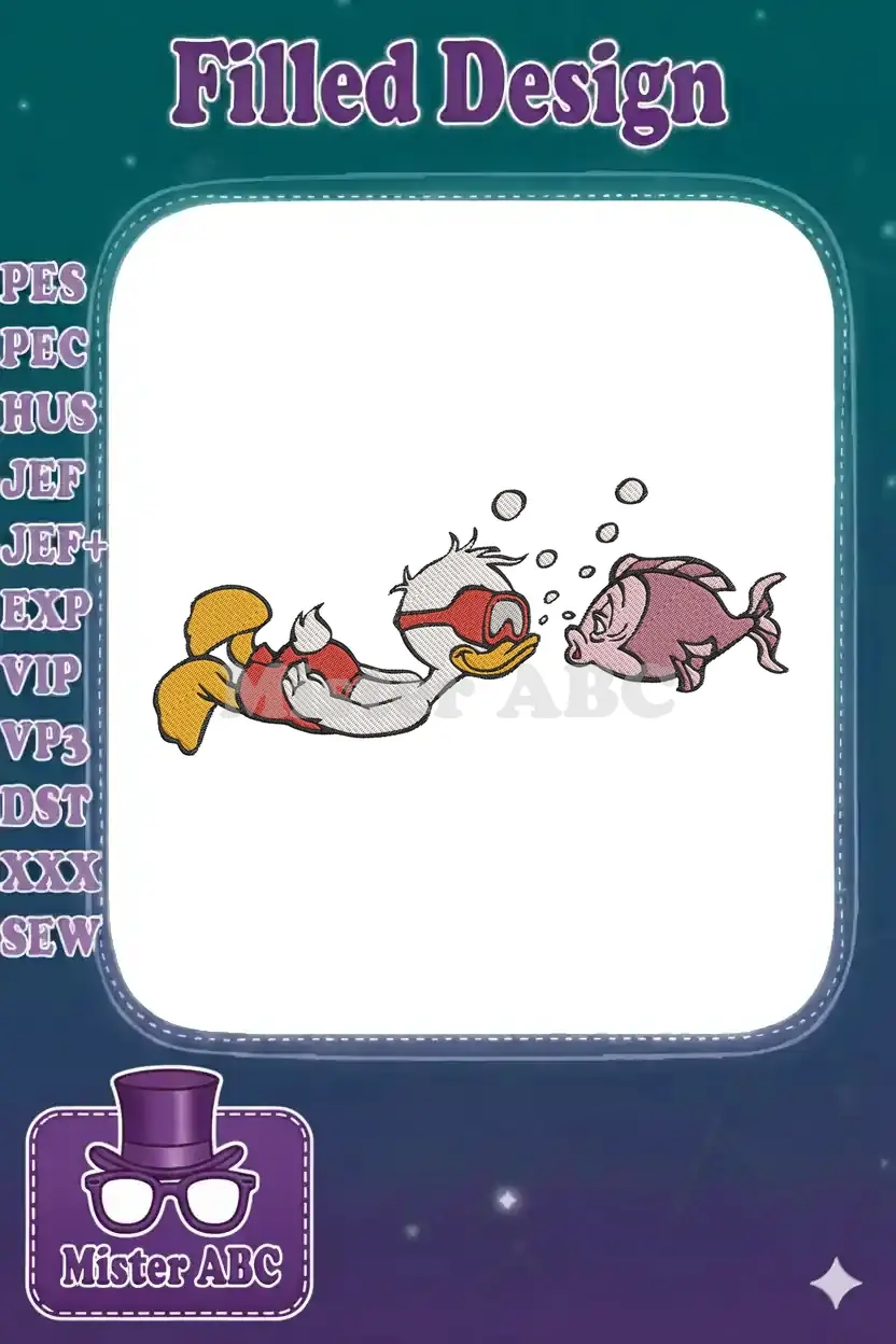 Scrooge McDuck in a red snorkel mask, swimming underwater and interacting with a pink fish, vibrant embroidery design.