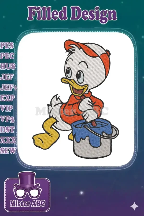 Vibrant embroidery design featuring Huey Duck from Disney, happily painting a blue bucket with a brush.
