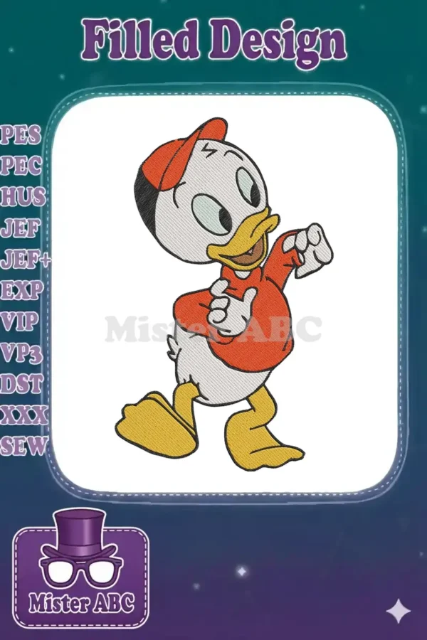 Vibrant embroidery design of Huey Duck from Disney, wearing a red cap and shirt, walking and gesturing energetically.
