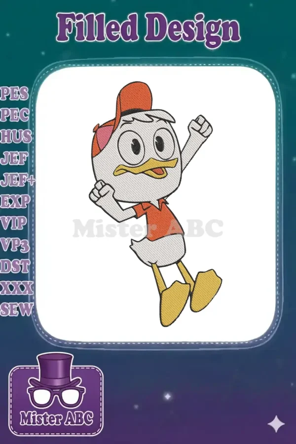 A detailed embroidery design featuring Huey Duck from DuckTales, mid-leap with a cheerful expression and crisp stitching.