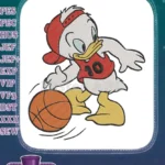 Disney-style duckling in red jersey dribbling basketball embroidery designs - Instant Download