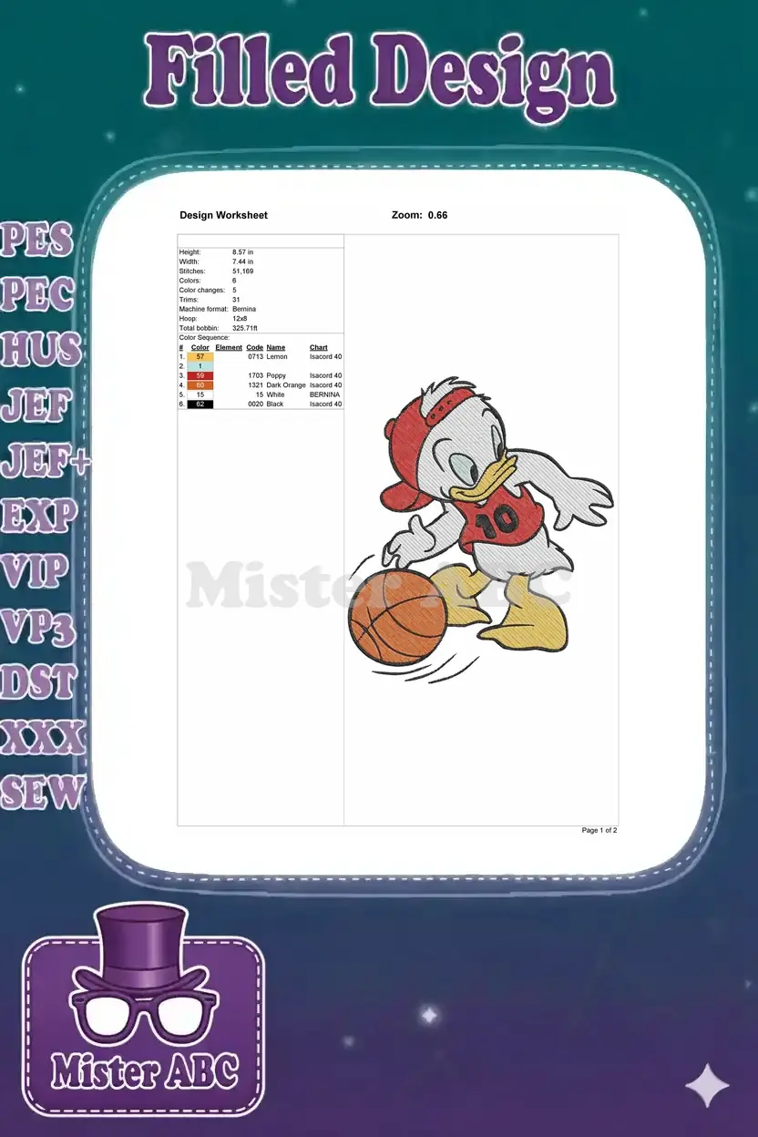Detailed embroidery design worksheet showing dimensions, stitch count, color sequence, and thread specifications.