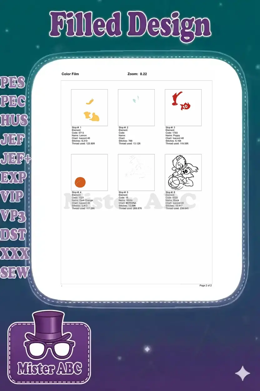 Color film breakdown of the embroidery design, illustrating each thread color layer and its stitching order.