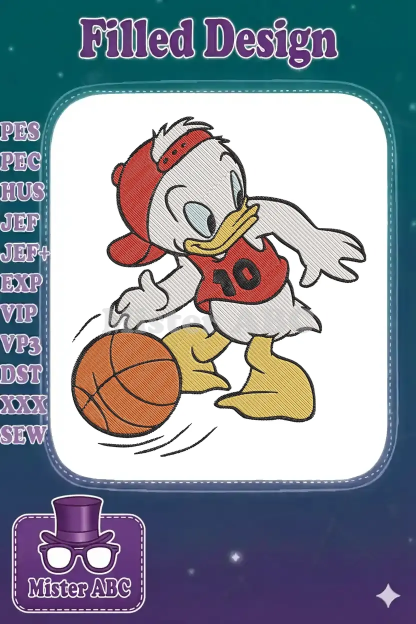 Vibrant embroidery of Louie Duck in a red cap and jersey, expertly dribbling a basketball with dynamic motion.