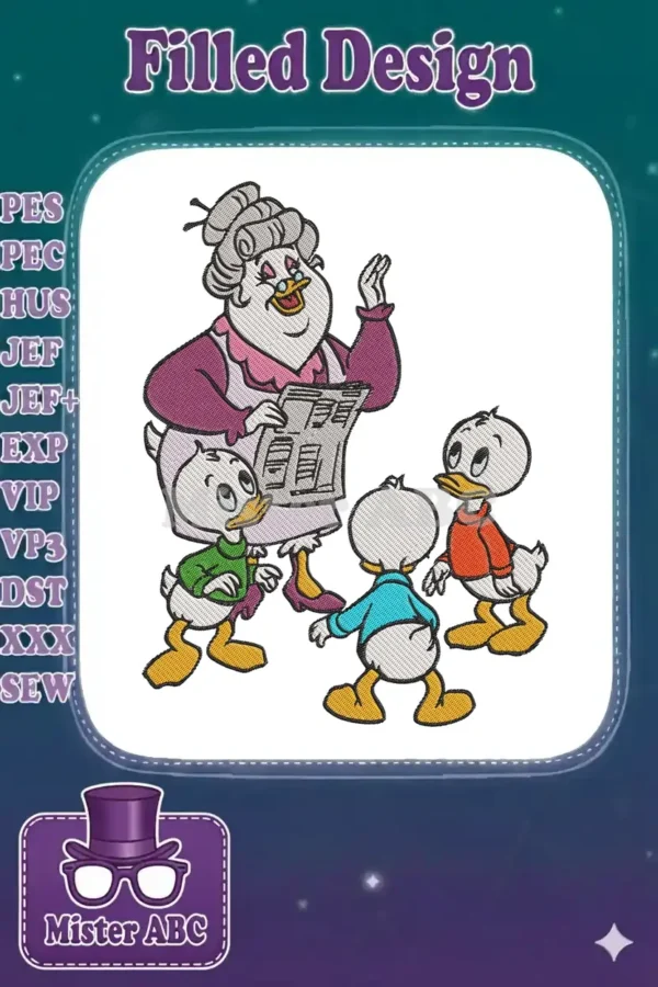 Grandma Duck and her three grand-nephews, Huey, Dewey, and Louie, in a vibrant embroidery design. She reads a newspaper while they gather around her, looking up attentively.