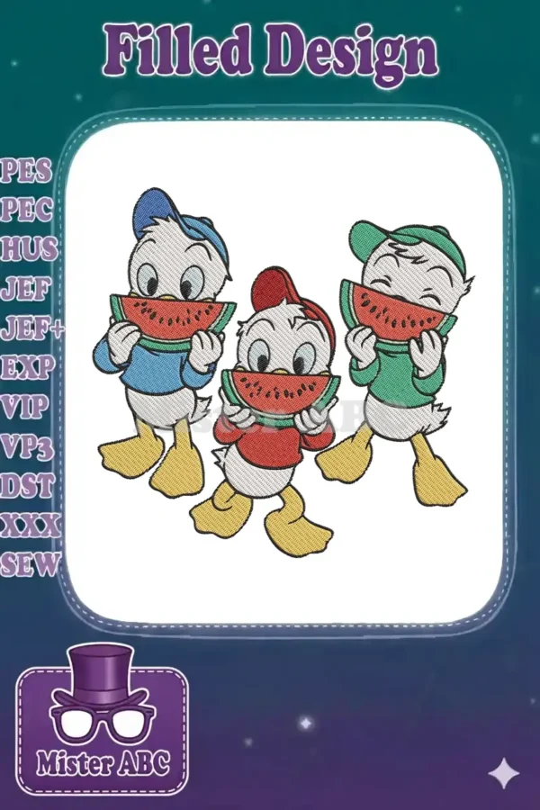 Three cheerful ducklings, Huey, Dewey, and Louie, enjoying slices of watermelon in a vibrant embroidery design.