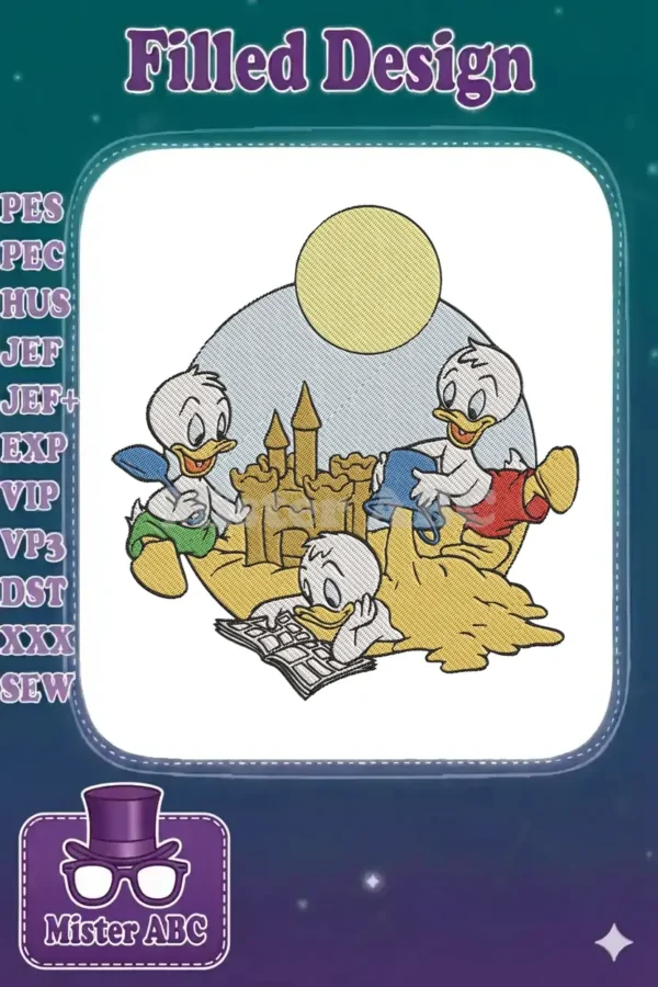 Huey, Dewey, and Louie embroidery design, featuring the nephews building a sandcastle on a sunny beach.