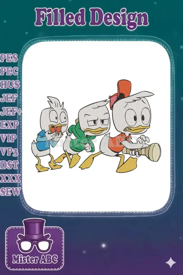 Vibrant machine embroidery design of Disney's Huey, Dewey, and Louie running, featuring detailed fill stitches.