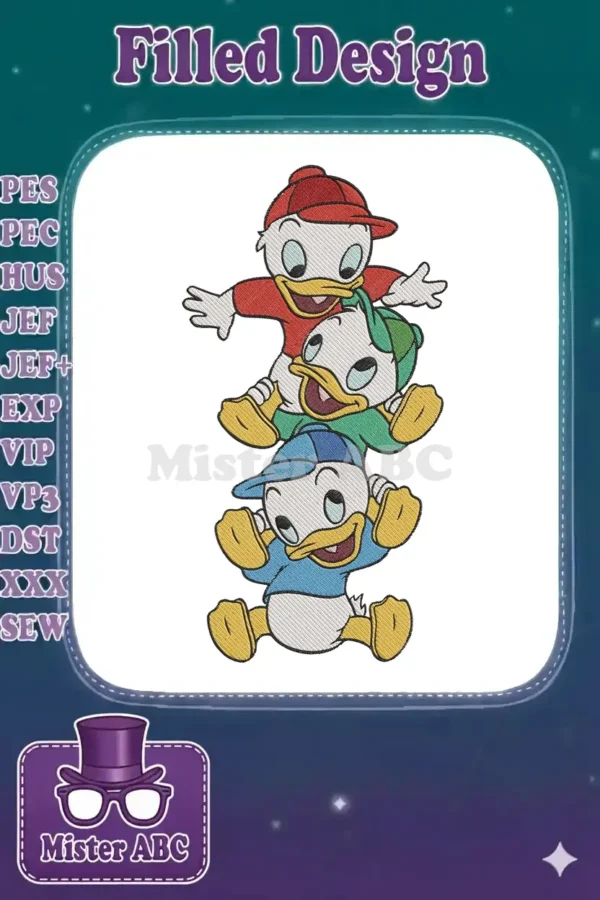 Vibrant embroidery of Huey, Dewey, and Louie stacked, showing their joyful expressions and colorful outfits.
