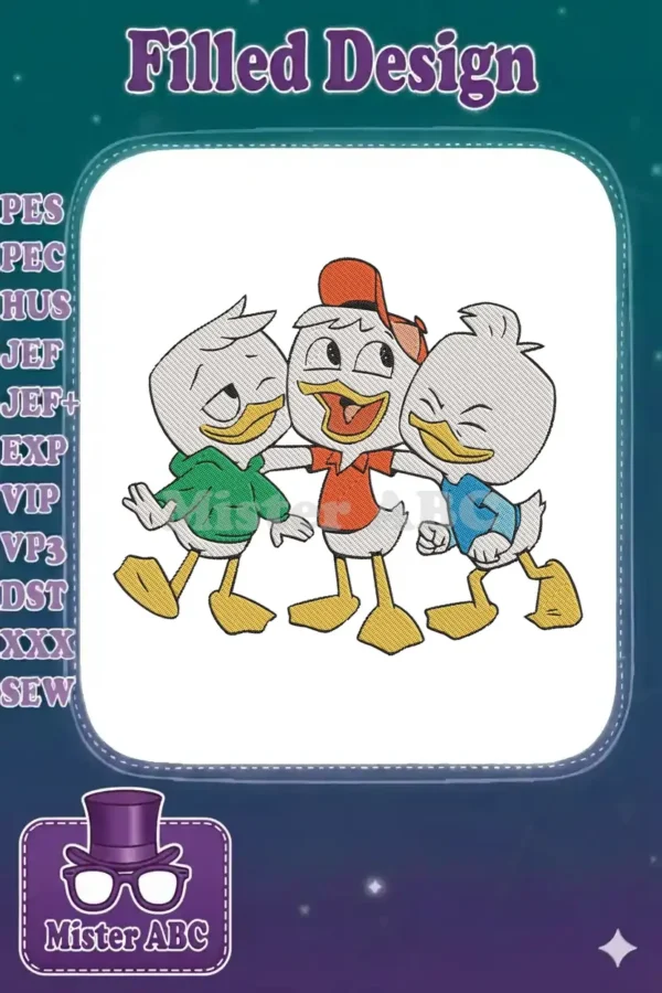 Three cheerful duck nephews, Huey, Dewey, and Louie, in a friendly embrace, ready for embroidery.