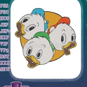 Three cheerful Disney ducklings, Huey, Dewey, and Louie, in a vibrant embroidery design, ready to personalize your items.