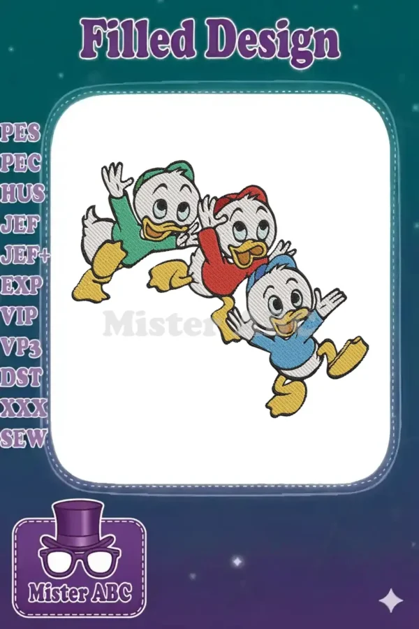 Vibrant embroidery design featuring Huey, Dewey, and Louie in green, red, and blue shirts, jumping playfully.