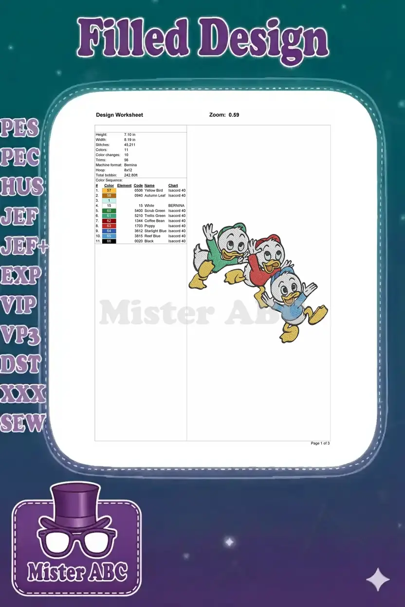 Embroidery design worksheet showing dimensions, stitch count, color sequence, and machine format details.