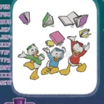 Happy Huey Dewey Louie with flying books embroidery designs - Instant Download