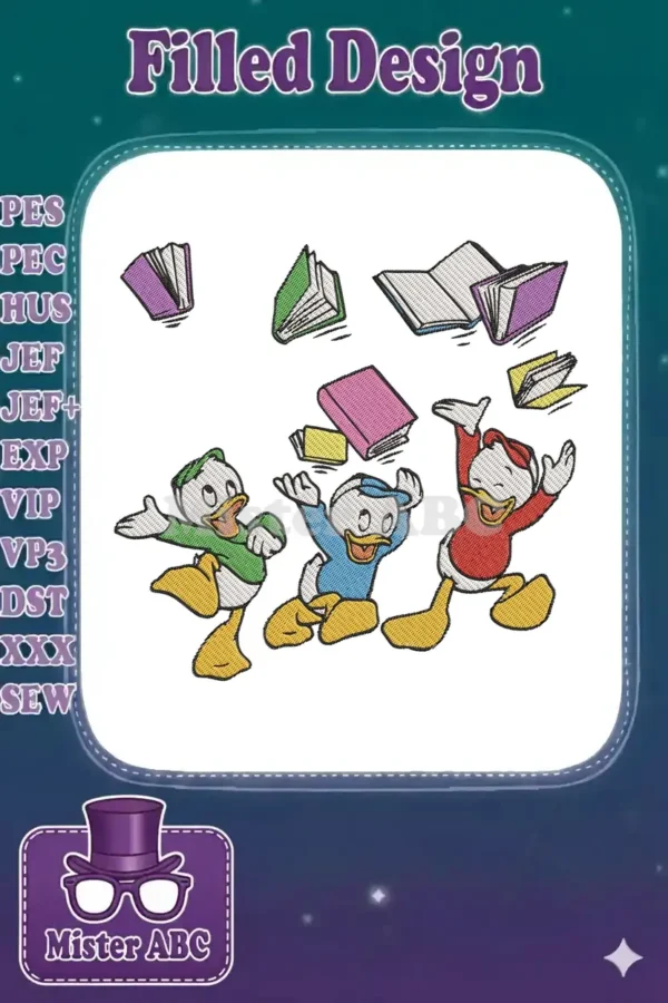 An energetic embroidery design of Huey, Dewey, and Louie surrounded by colorful, floating books, celebrating learning.
