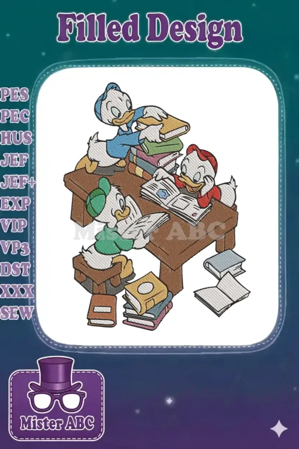 Huey, Dewey, and Louie diligently studying at a desk with many books, a vibrant and detailed embroidery design.