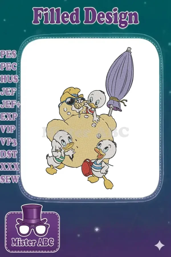 Huey, Dewey, and Louie embroidery design featuring the ducklings in a playful scene with a large yellow object and umbrella.