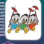 Cheerful Huey Dewey Louie ducklings with roasted sausages embroidery designs - Instant Download