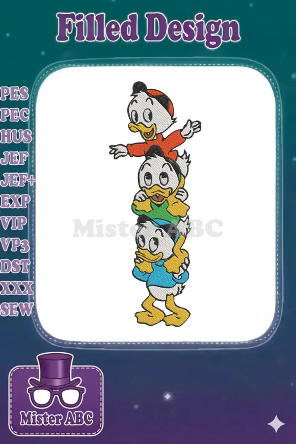 Stacked Huey, Dewey, and Louie embroidery design featuring the three ducklings in vibrant colors, ready to stitch.