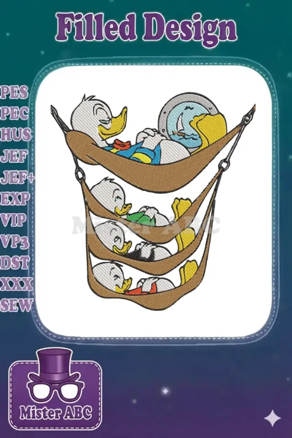 Donald Duck and his three nephews, Huey, Dewey, and Louie, relaxing in a stack of brown hammocks, an intricate embroidery design.