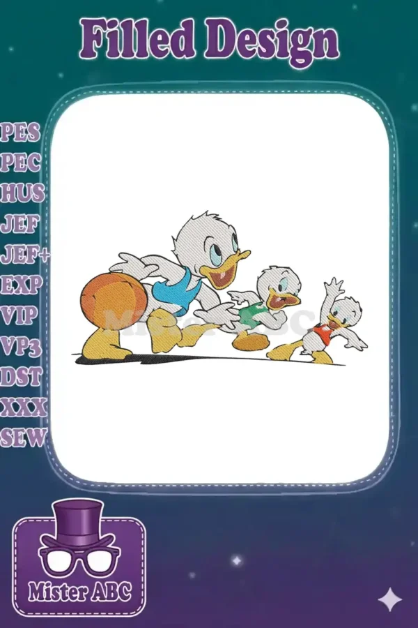 Donald Duck, Huey, Dewey, and Louie in an energetic running pose with a ball, perfect for playful embroidery.