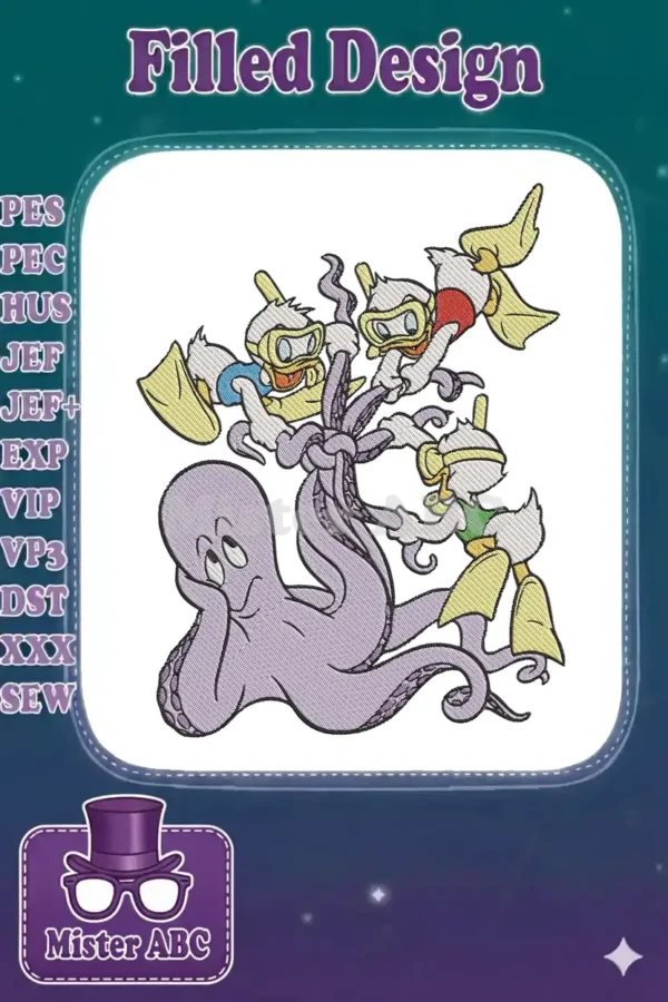 Huey, Dewey, and Louie, Donald Duck's nephews, snorkeling with a friendly purple octopus in a vibrant embroidery design.