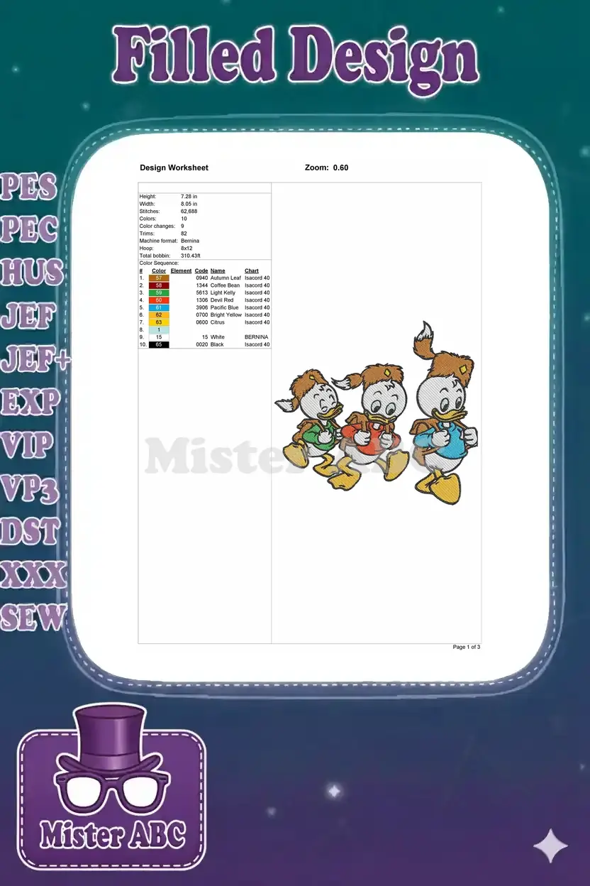 Detailed embroidery design worksheet showing dimensions, stitch count, color chart, and machine compatibility.
