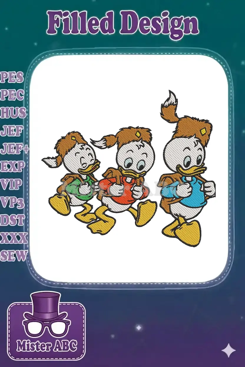 Vibrant embroidery design featuring Disney's Huey, Dewey, and Louie, dressed as scouts, ready for adventure.