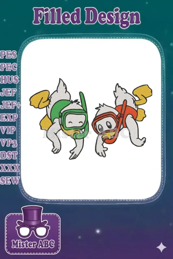 Two cute cartoon ducks, resembling Huey, Dewey, or Louie, in diving masks and flippers, ready for aquatic adventures.