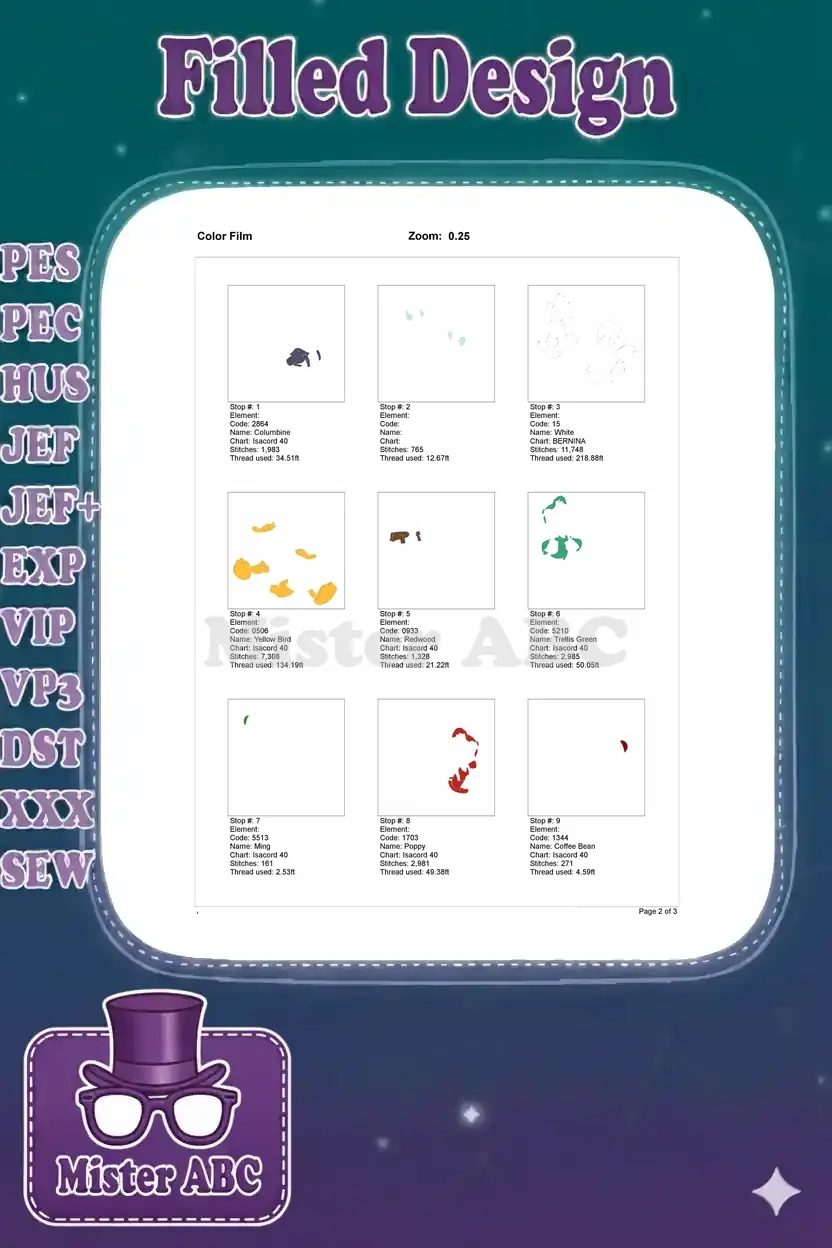 First page of the color film, illustrating the embroidery process with individual color stop points 1-9.