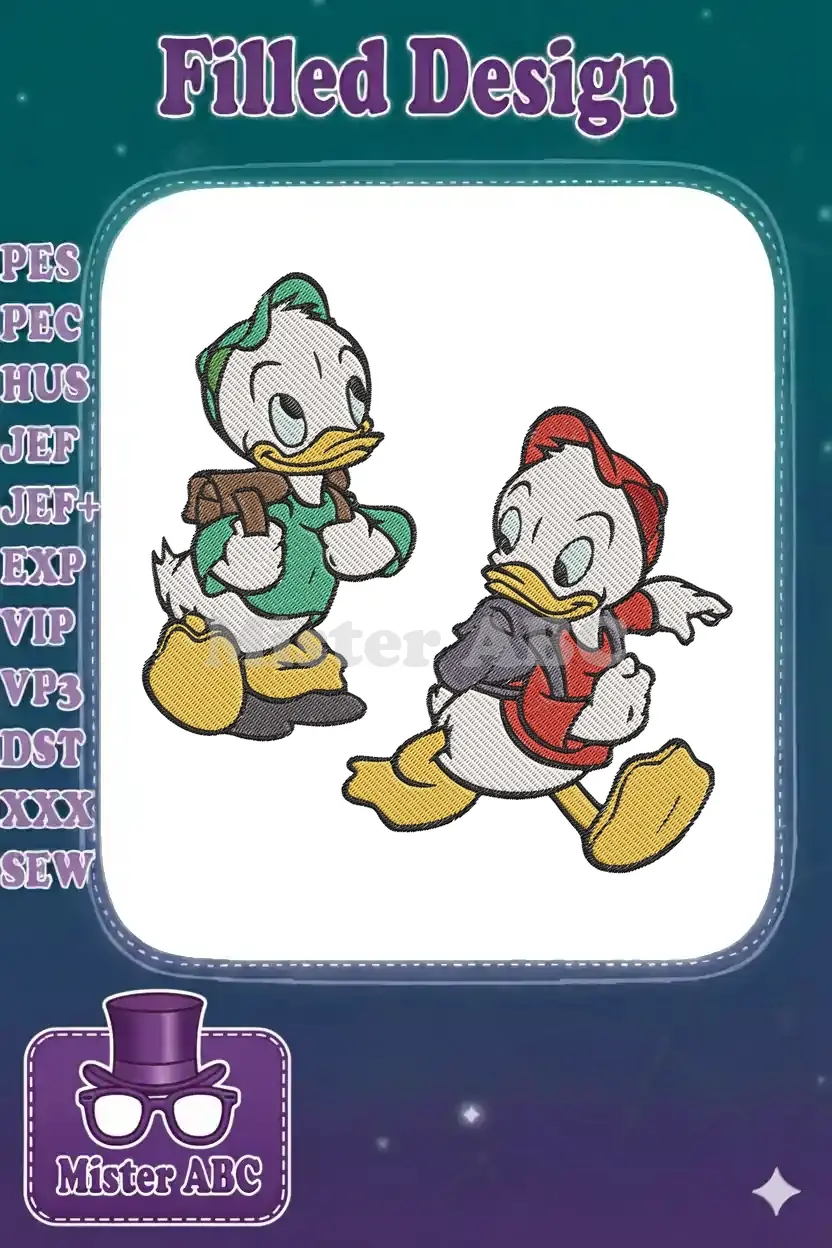 Two cheerful cartoon duck characters, one in green with a backpack, the other in red running, embroidered on white.