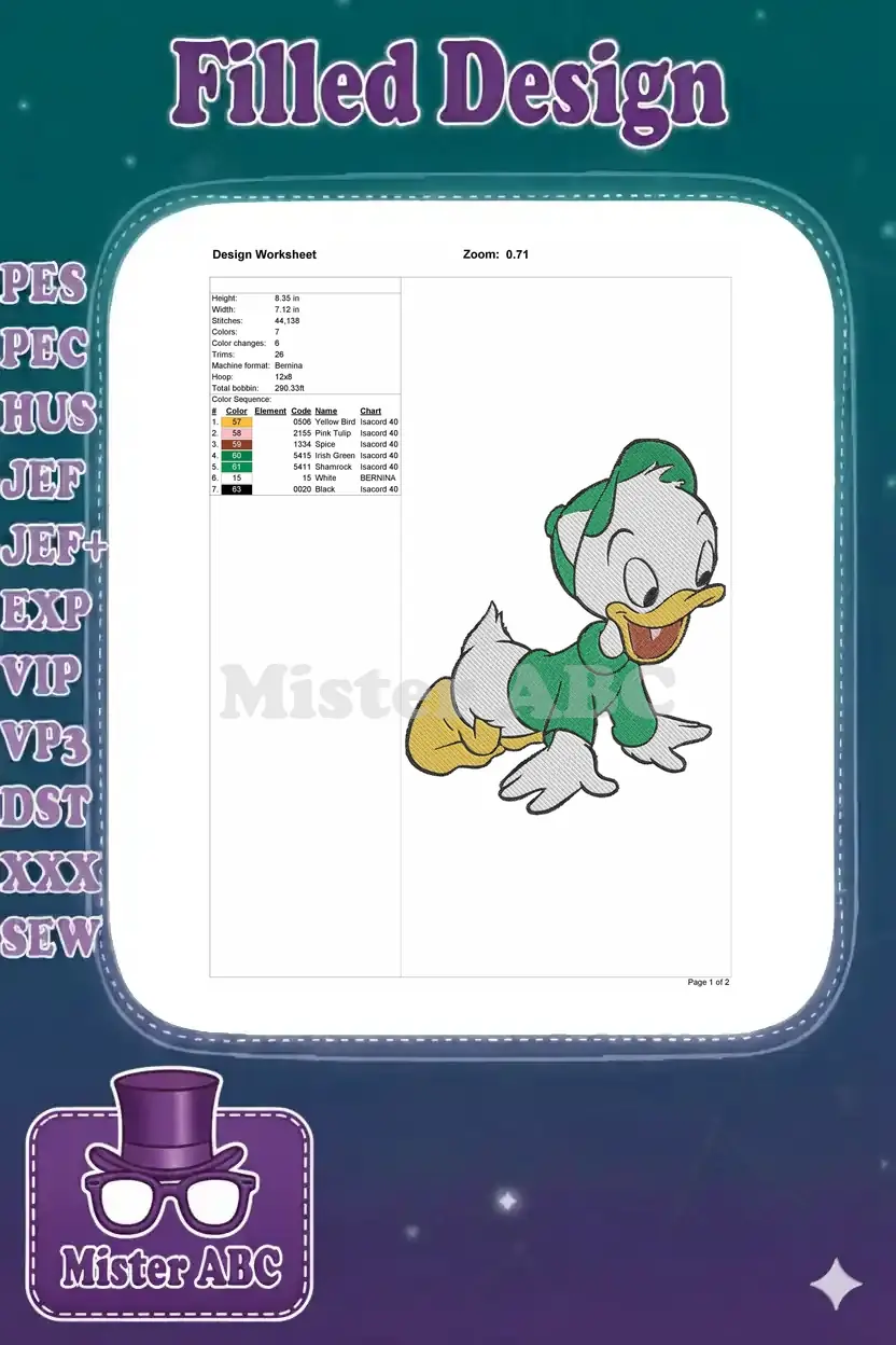 An embroidery design worksheet detailing stitch count, dimensions, color sequence, and machine format for the baby duck.