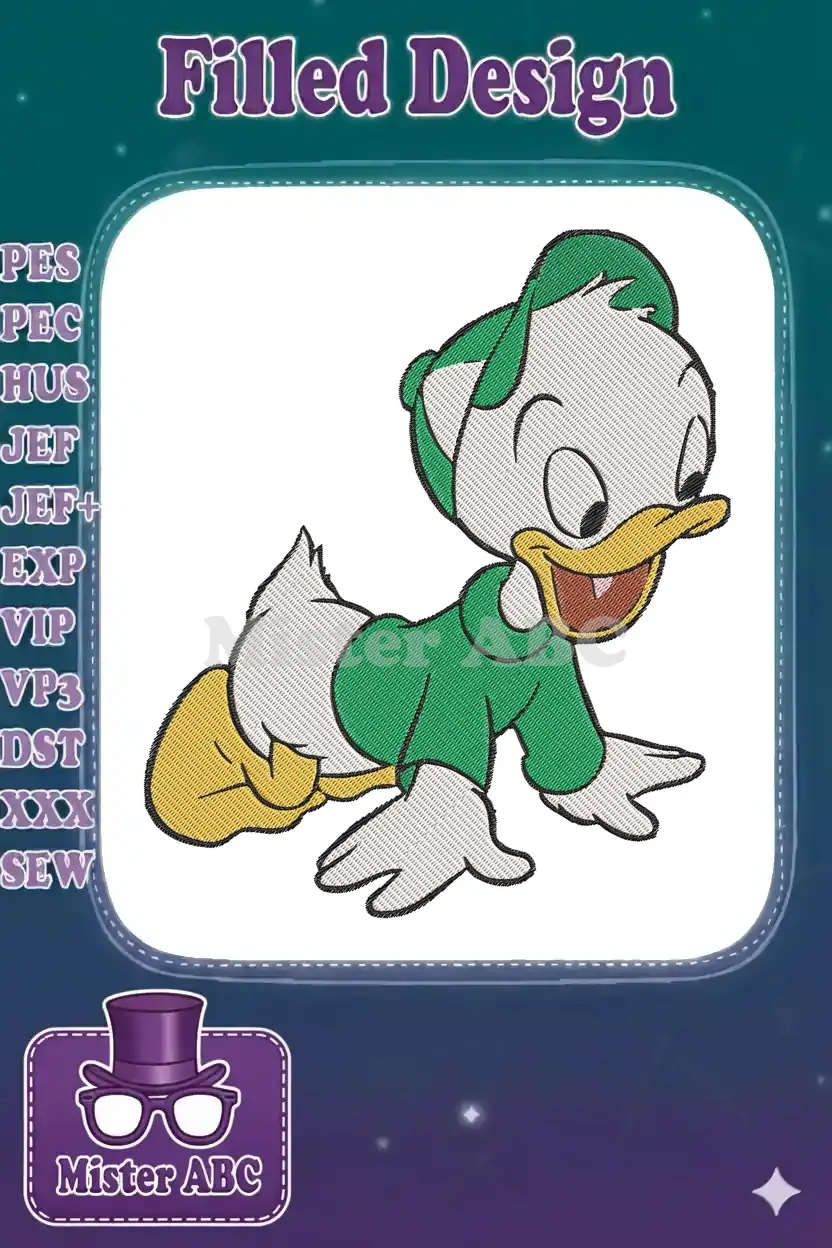 A charming embroidery of a baby duck (Huey Duck) crawling, wearing a green shirt and cap, full of playful detail.