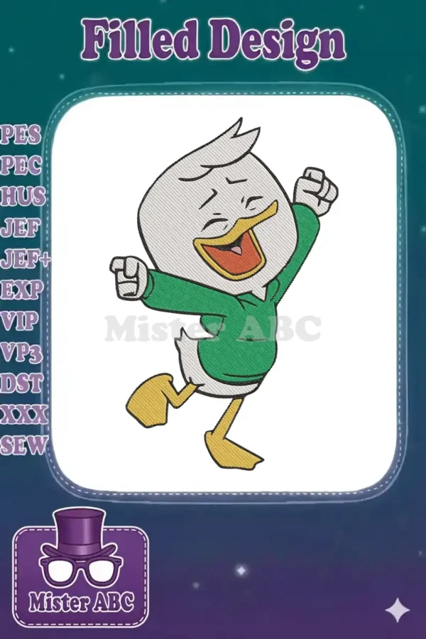 Energetic Huey Duck embroidery design in a joyful pose, featuring vibrant green and yellow colors.