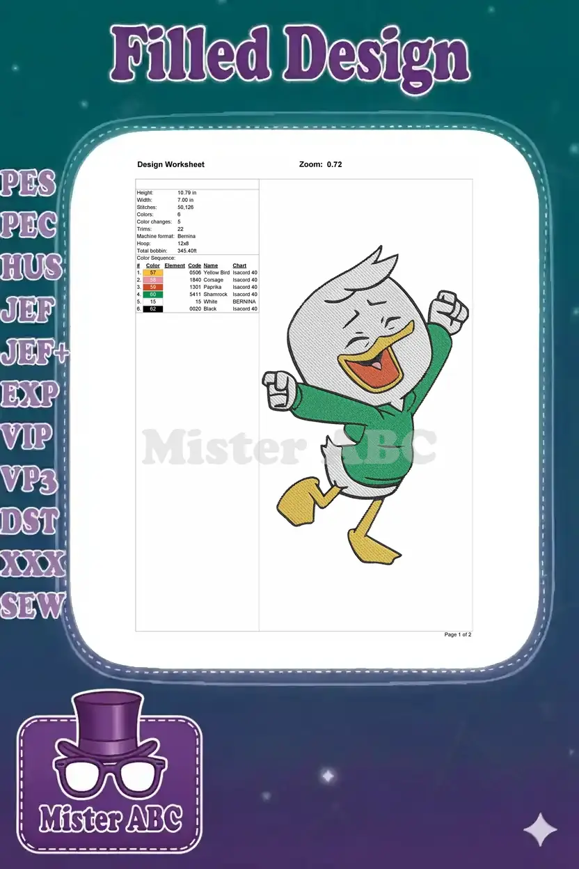 Detailed embroidery design worksheet for Huey Duck, showing dimensions, stitch count, and color sequence.