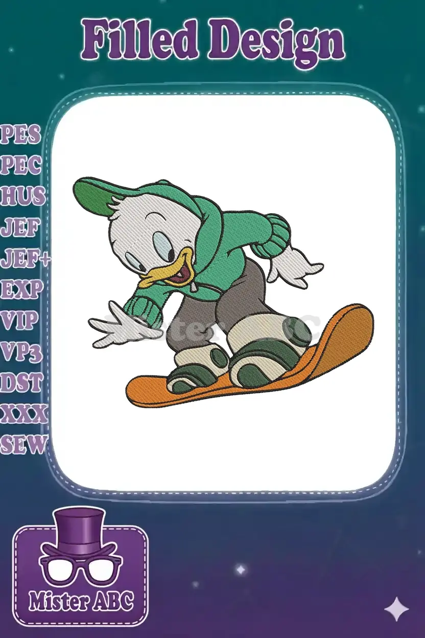 A vibrant embroidery design of Louie Duck from Disney, dressed in green, snowboarding on an orange board.