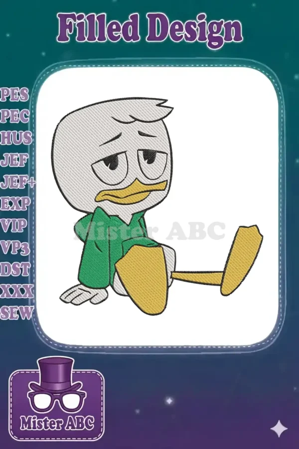 Louie Duck embroidery design, showcasing his signature relaxed, slightly bored pose in vibrant green and yellow.