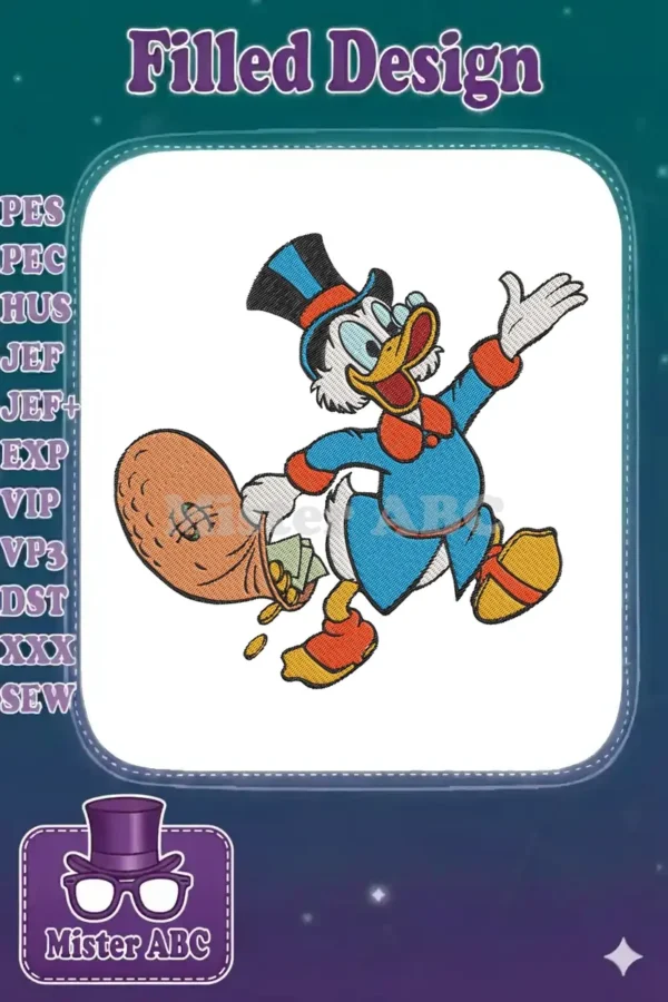 A dynamic embroidery of Scrooge McDuck running with a money bag, spilling coins, rendered in vibrant colors.