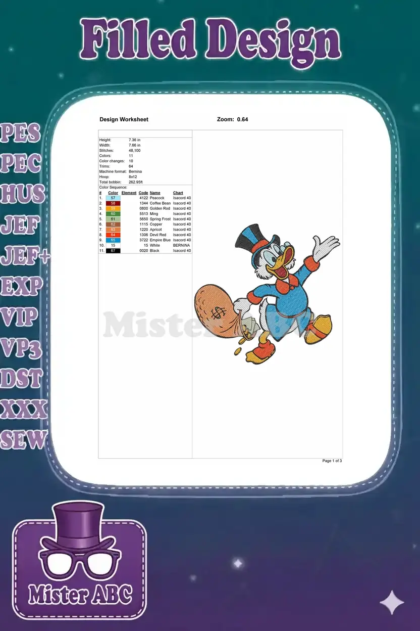 Embroidery design worksheet for Scrooge McDuck, showing dimensions, stitch count, color sequence, and machine details.