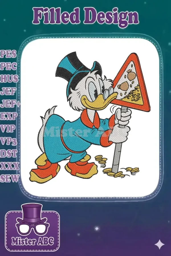 A vibrant embroidery design featuring Scrooge McDuck in his iconic blue coat, pushing a 'money falling' sign.