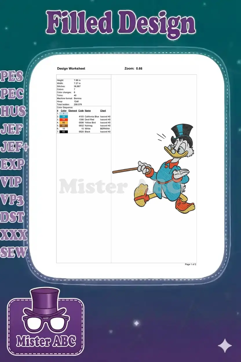 Embroidery design worksheet detailing dimensions, stitch count, color sequence, and machine compatibility.