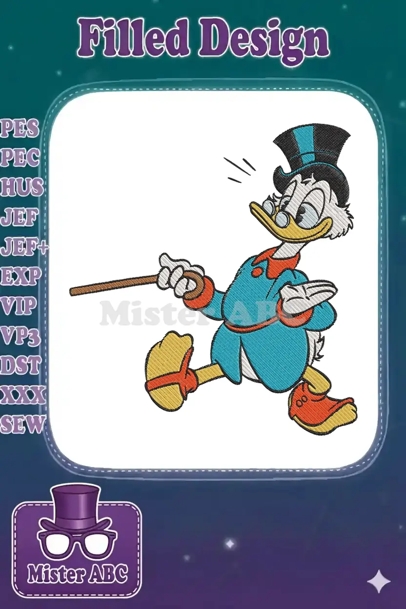 Vibrant embroidery of Scrooge McDuck, running energetically with his cane and top hat, showcasing fine detail.
