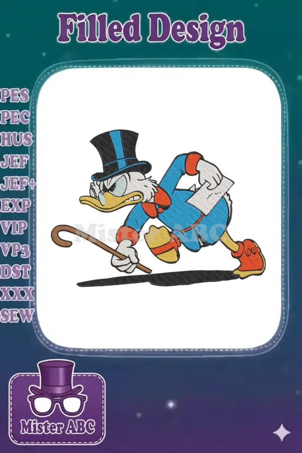 Scrooge McDuck embroidery design, captured mid-run with his cane and a paper, featuring vibrant colors and dynamic stitching.