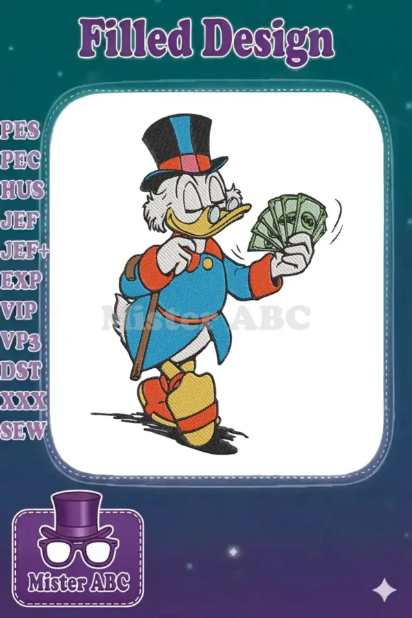 Vibrant Scrooge McDuck embroidery design, featuring the famous duck with a top hat and money, showcasing rich colors.