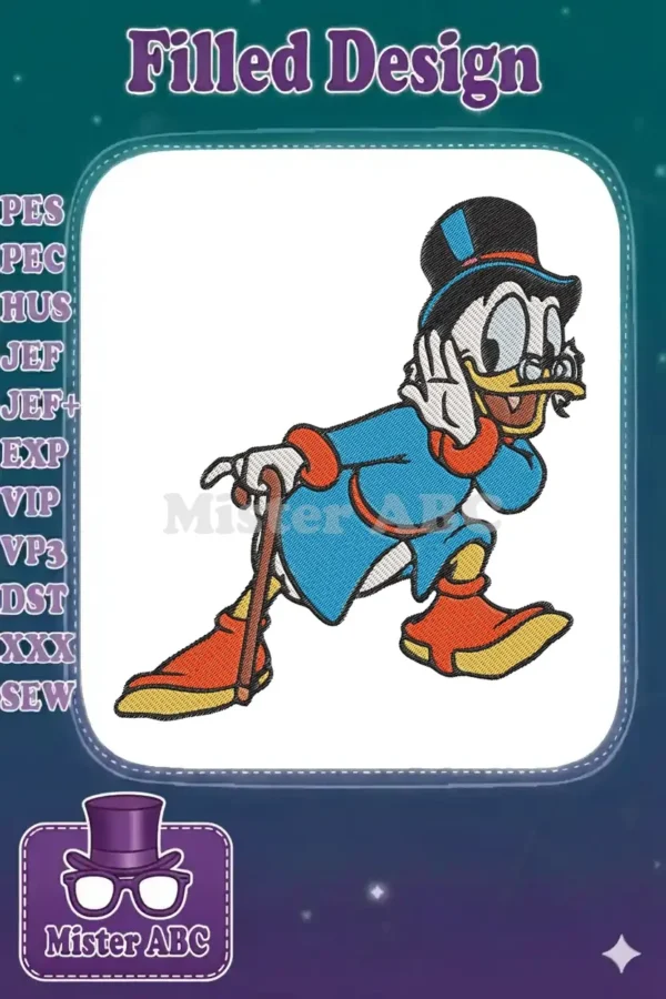 Scrooge McDuck embroidery design, vibrant and detailed, featuring him in his classic blue coat, top hat, and cane.