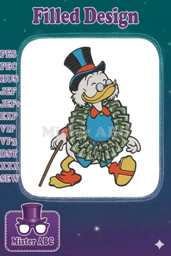 Scrooge McDuck embroidery design, smiling with a top hat, cane, and a vibrant wreath of money bills.