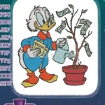 Scrooge McDuck watering a money tree for wealth embroidery designs - Instant Download