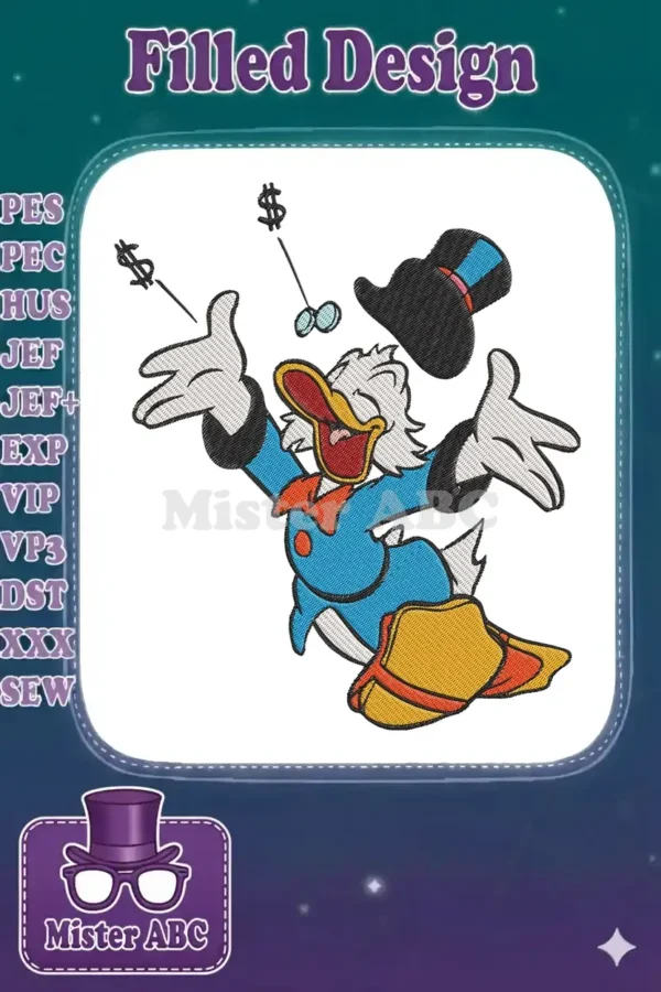 Vibrant Scrooge McDuck embroidery design, arms wide, with money signs and top hat, symbolising wealth and joy.