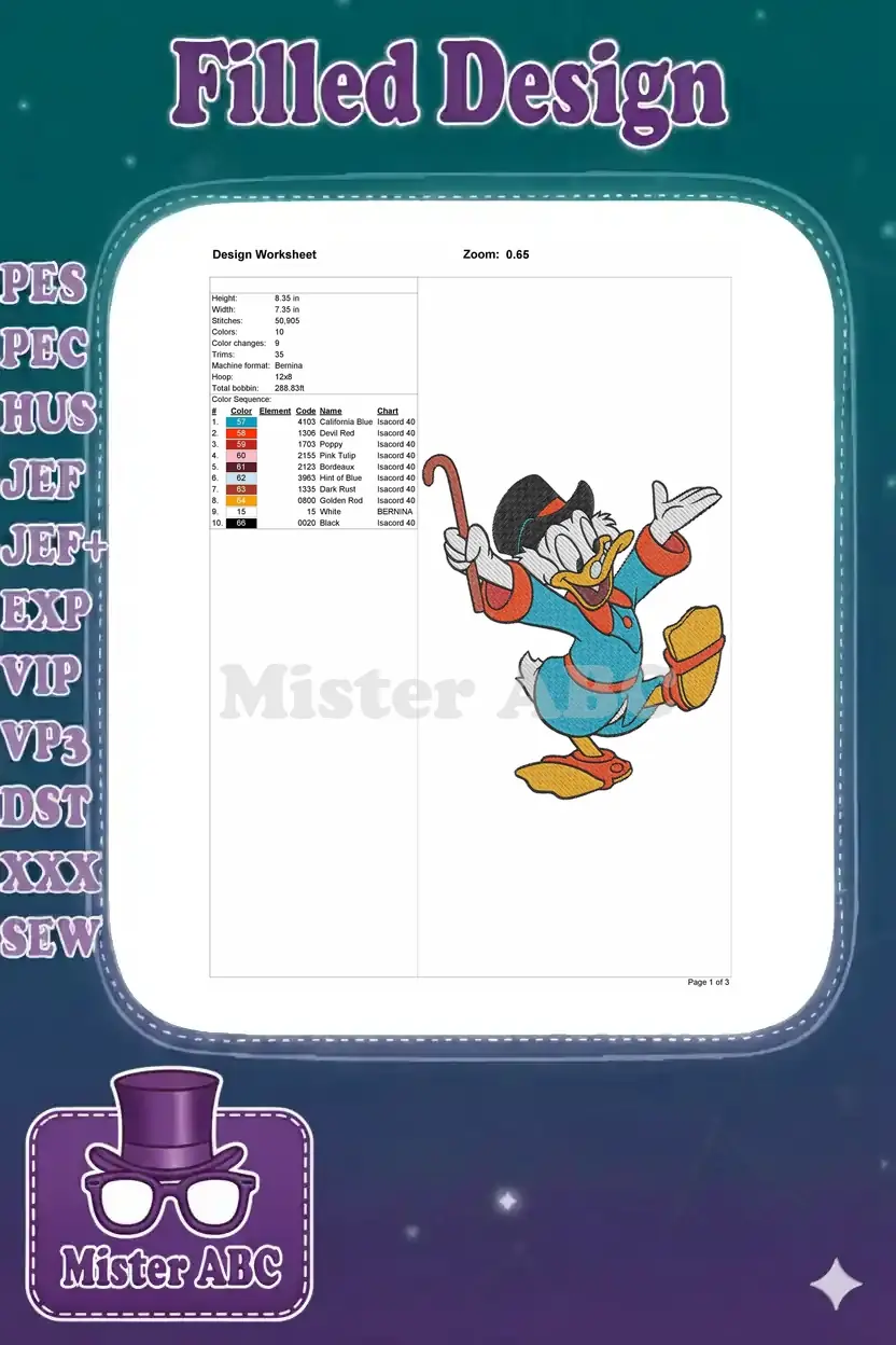Embroidery design worksheet for Scrooge McDuck, detailing dimensions, stitch count, color sequence, and thread types.